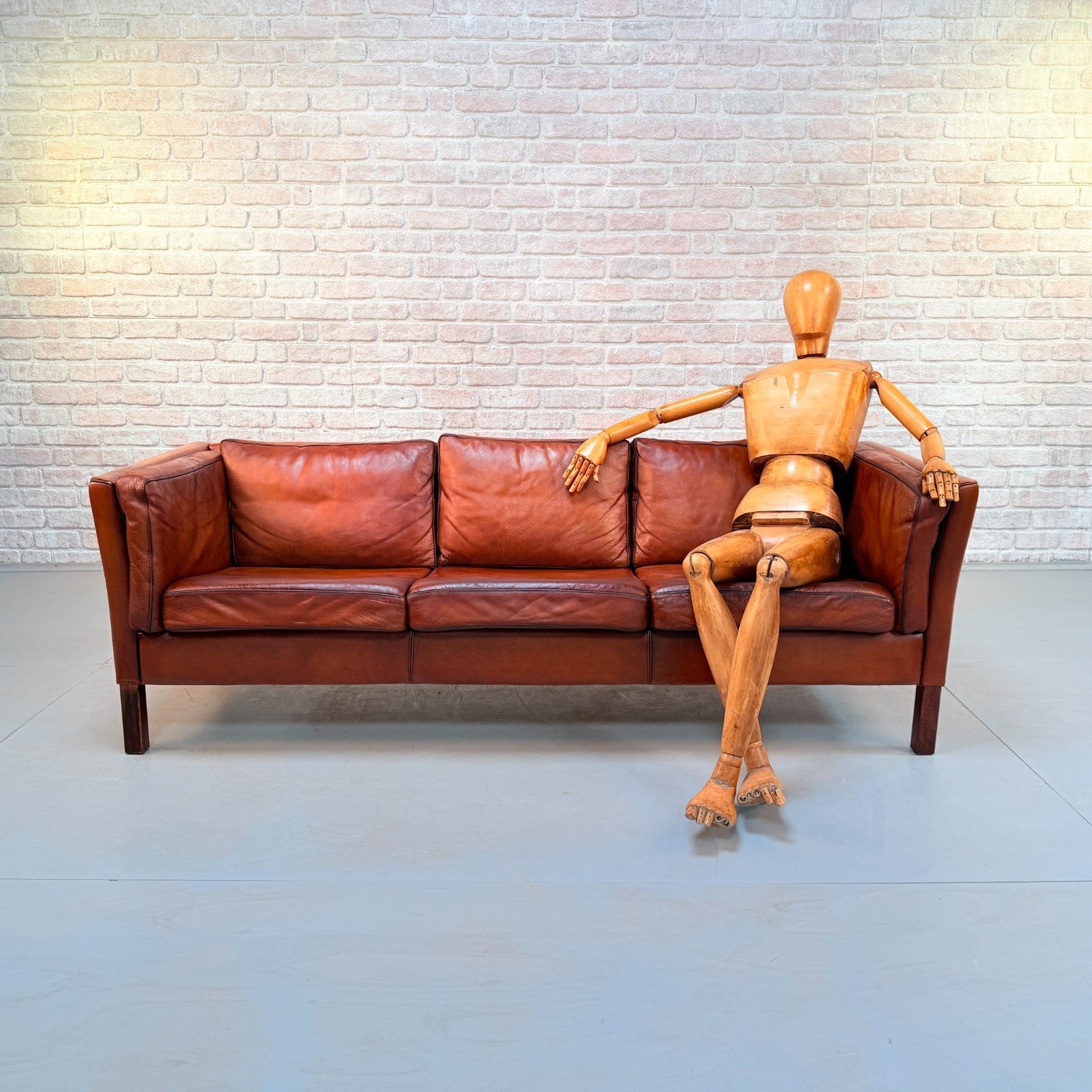 Vintage Danish Tan Hand-Dyed Leather Three Seater Sofa