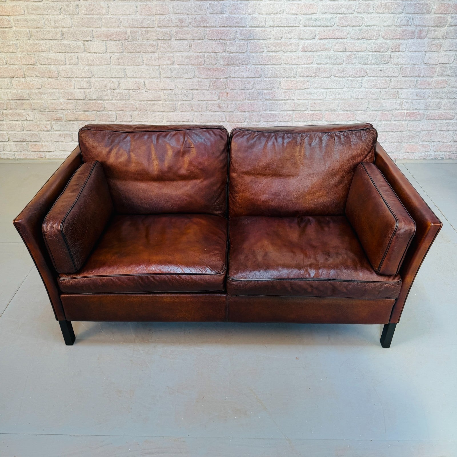 Vintage 1970s Danish Dark Tan Hand-Dyed Leather Two Seater Sofa