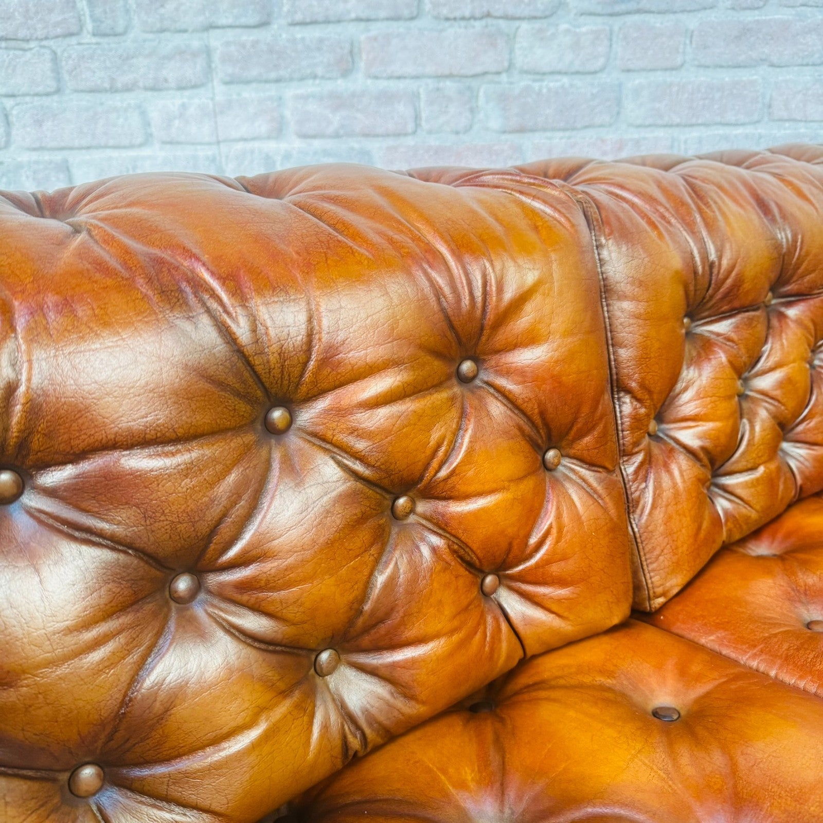 Vintage Danish Tan Leather Three Seater Sofa Fully Buttoned