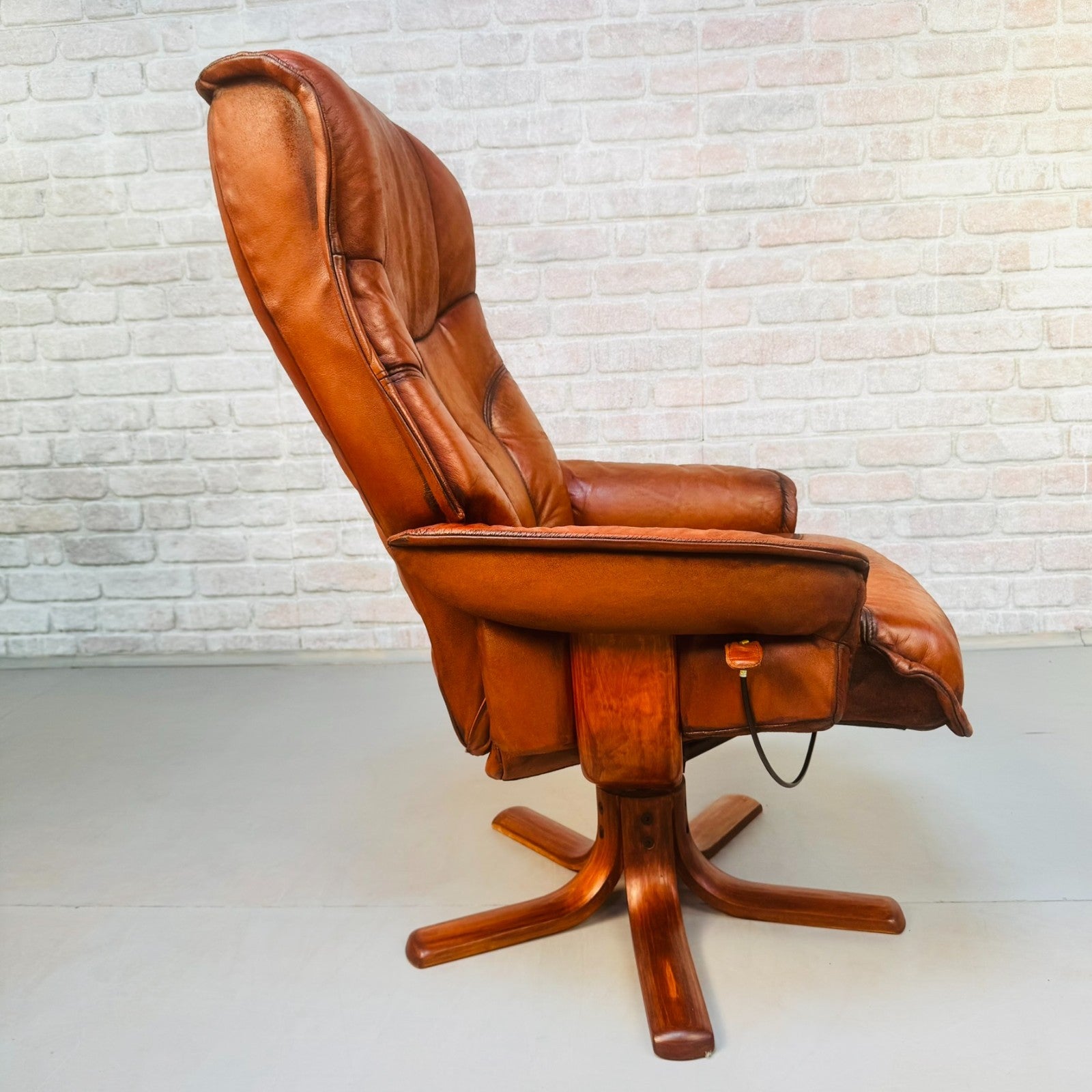 Vintage Danish Reclining Swivel Chair & Footstool | Hand Dyed Tan Leather