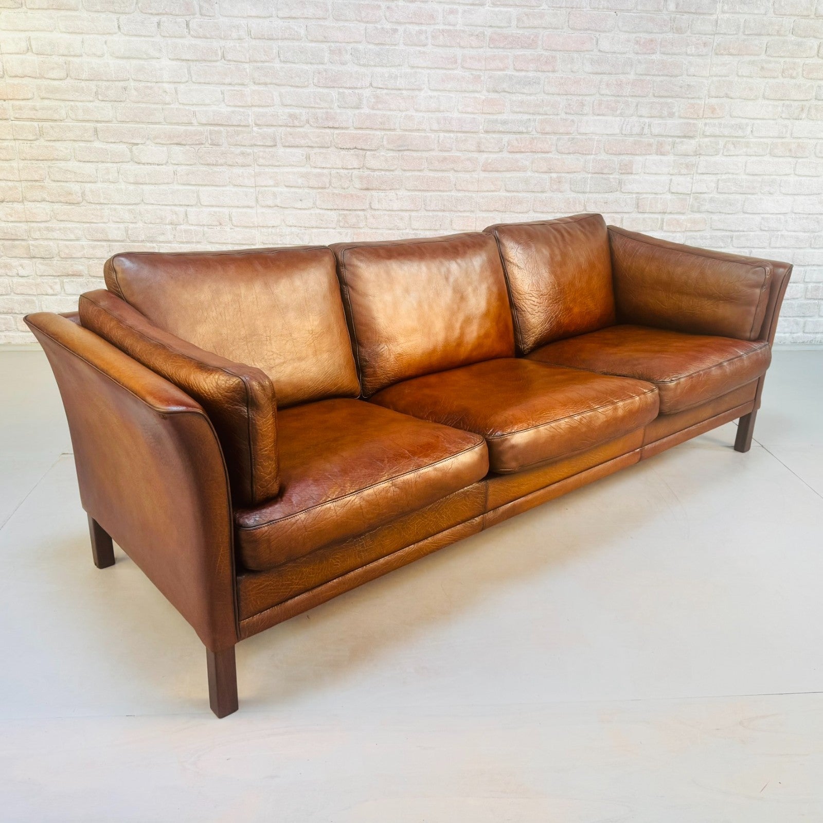 Vintage 1970s Mogens Hansen Danish Three Seater Tan Leather Sofa