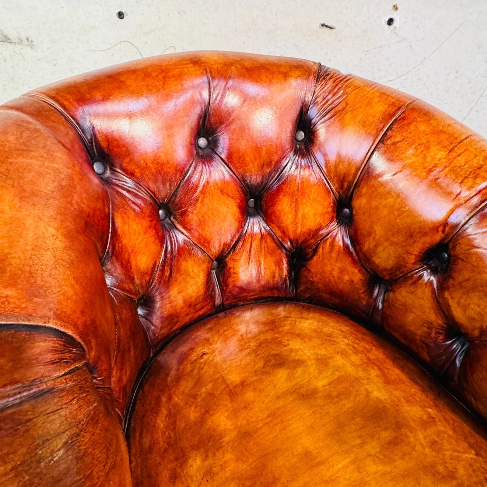 Pair of Elegant English Made Vintage Chesterfield Tan Leather Tub Chairs