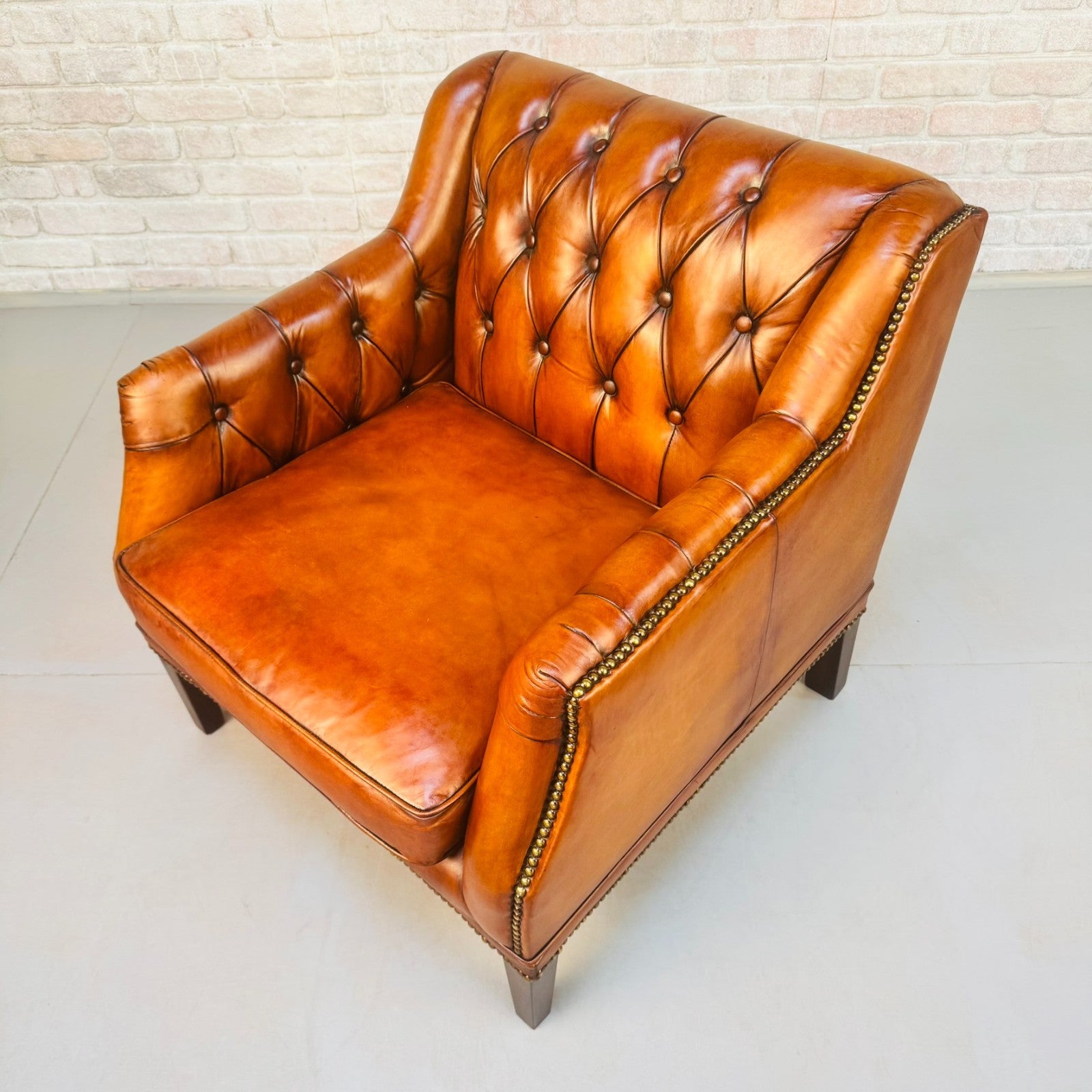 Vintage Chesterfield Armchair & Footstool Tan Leather Cognac Lounge Chair