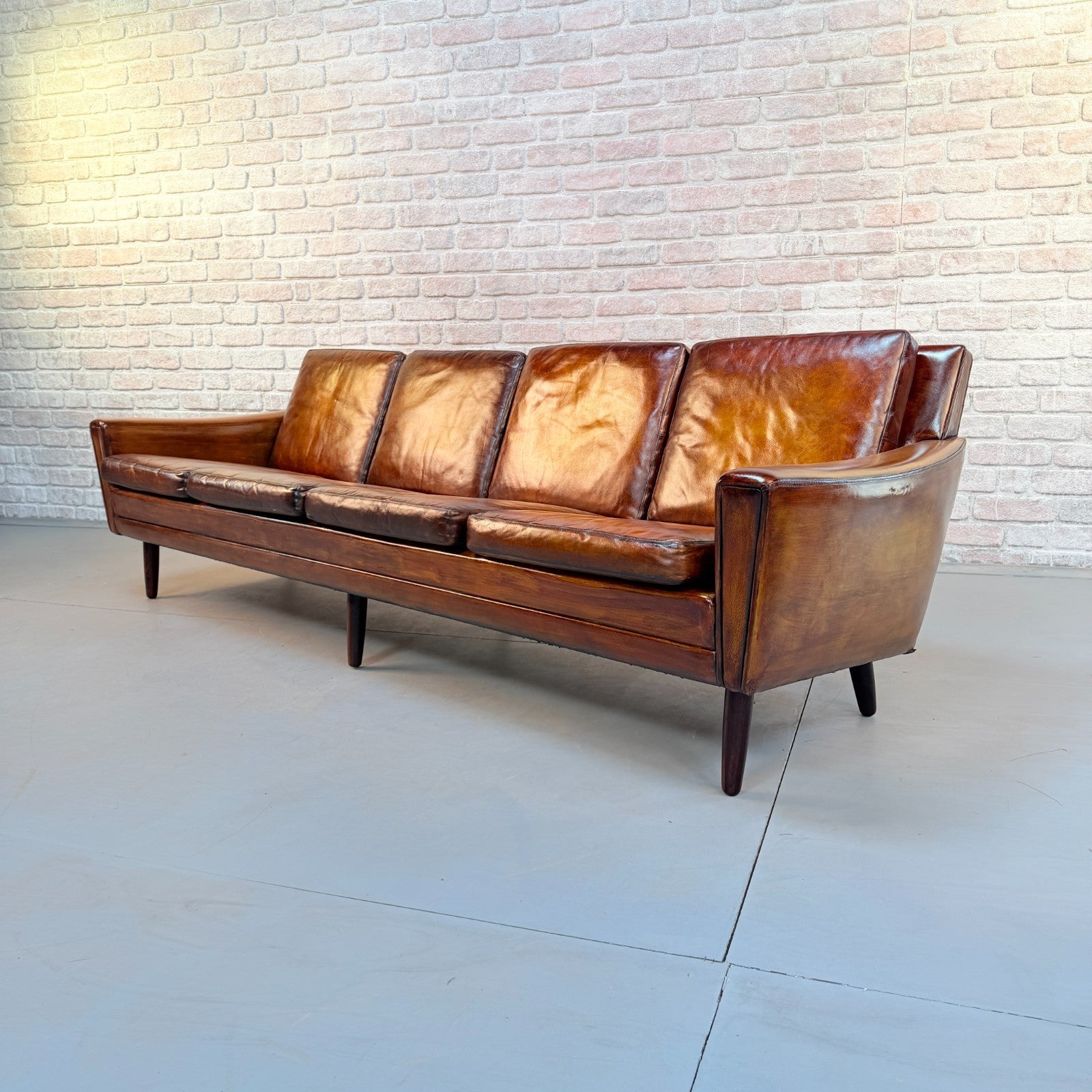 Vintage 1970s Danish George Thams Tan Hand-Dyed Leather Four Seater Sofa