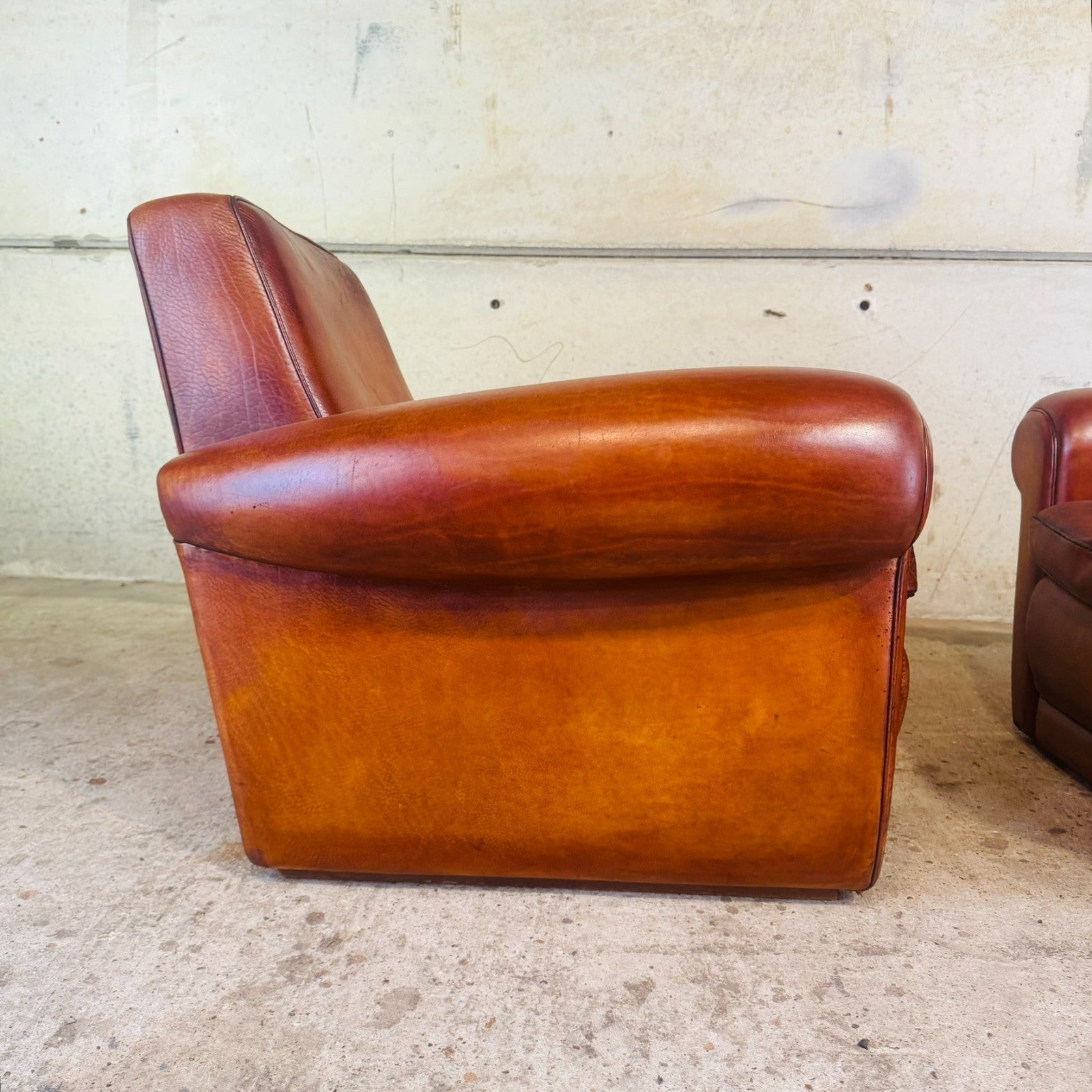 Pair of Vintage Art Deco Style Italian Tan Leather Club Chairs by Baxter