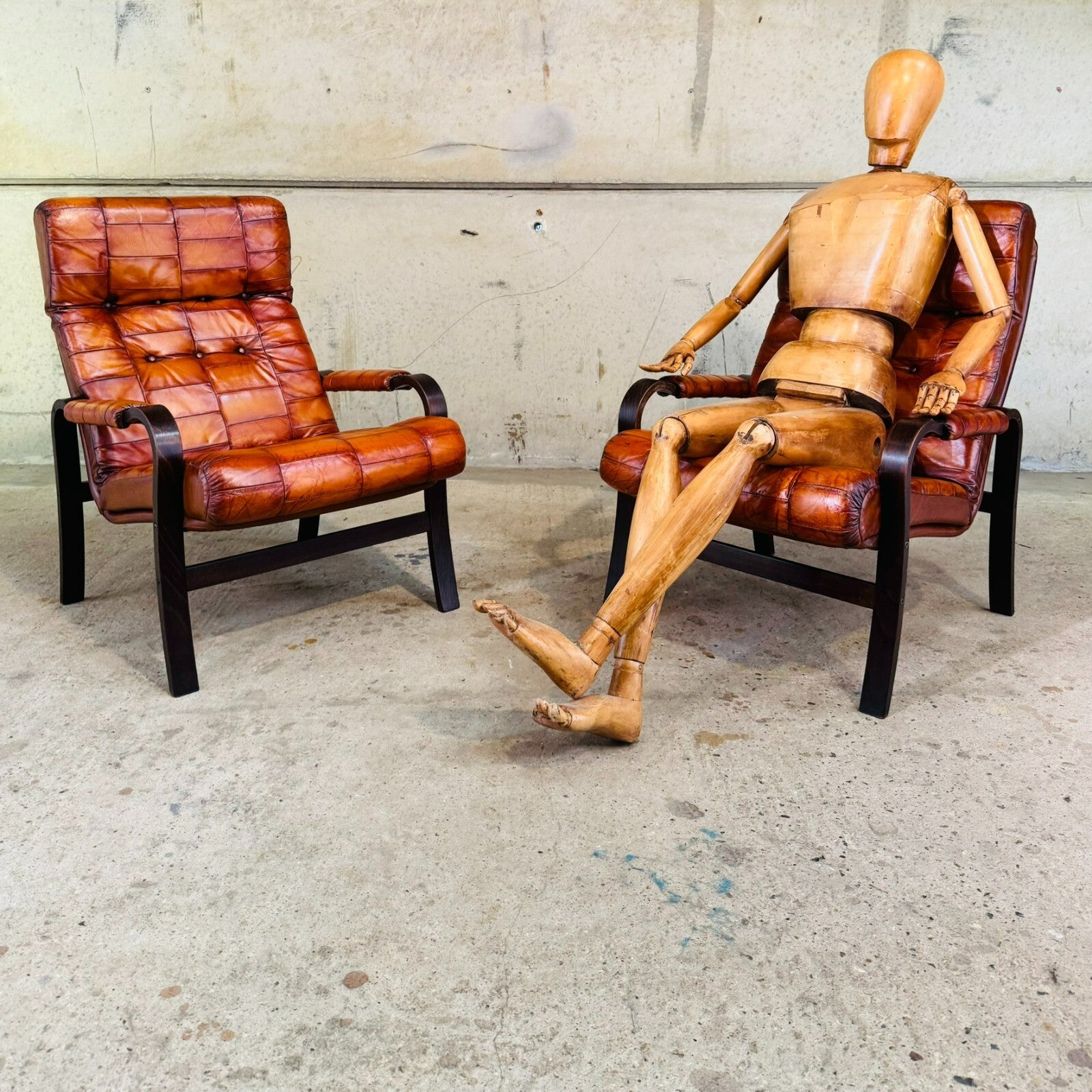Pair of 1970s Danish Vintage Patchwork Tan Leather Bentwood Chairs
