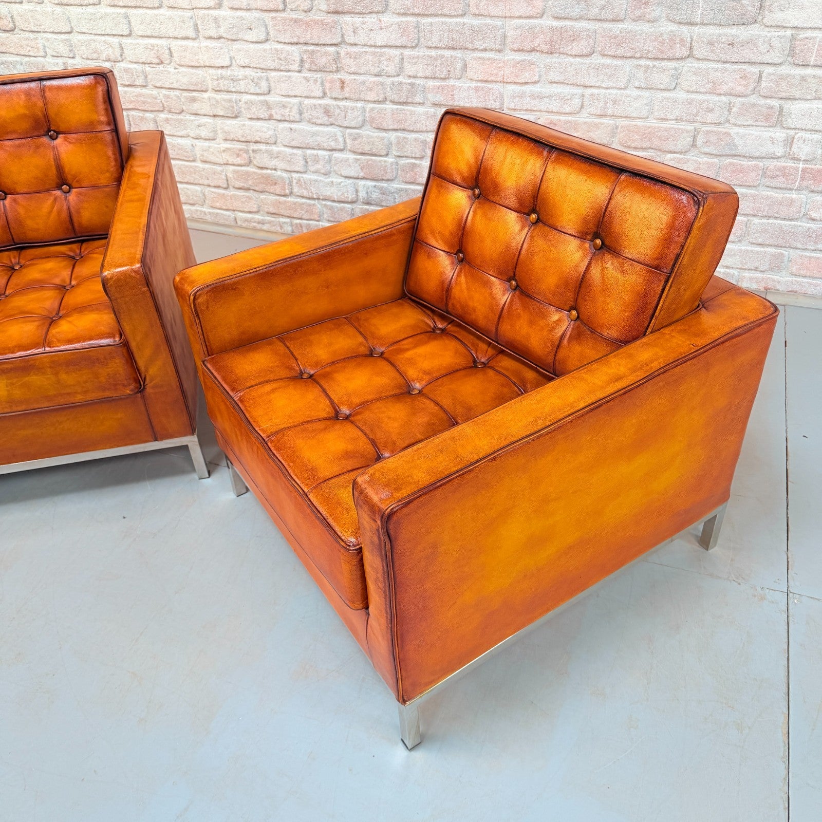 Vintage Pair of Florence Knoll Style Tan Leather Armchairs