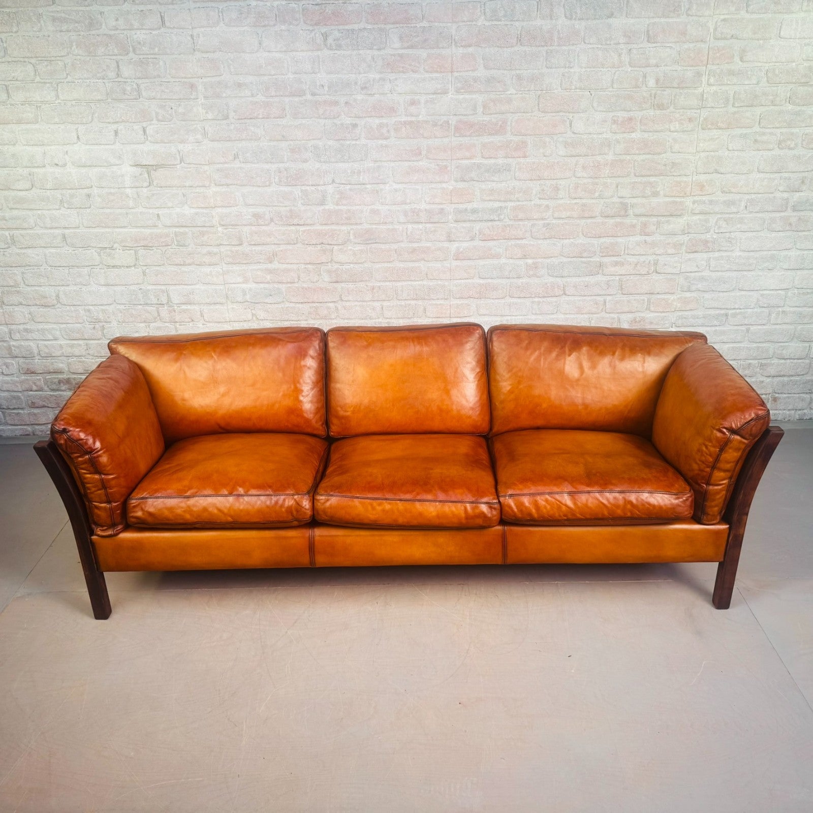 Long Vintage Danish Cognac Leather 3 Seater Sofa Mid Century Feather Filled