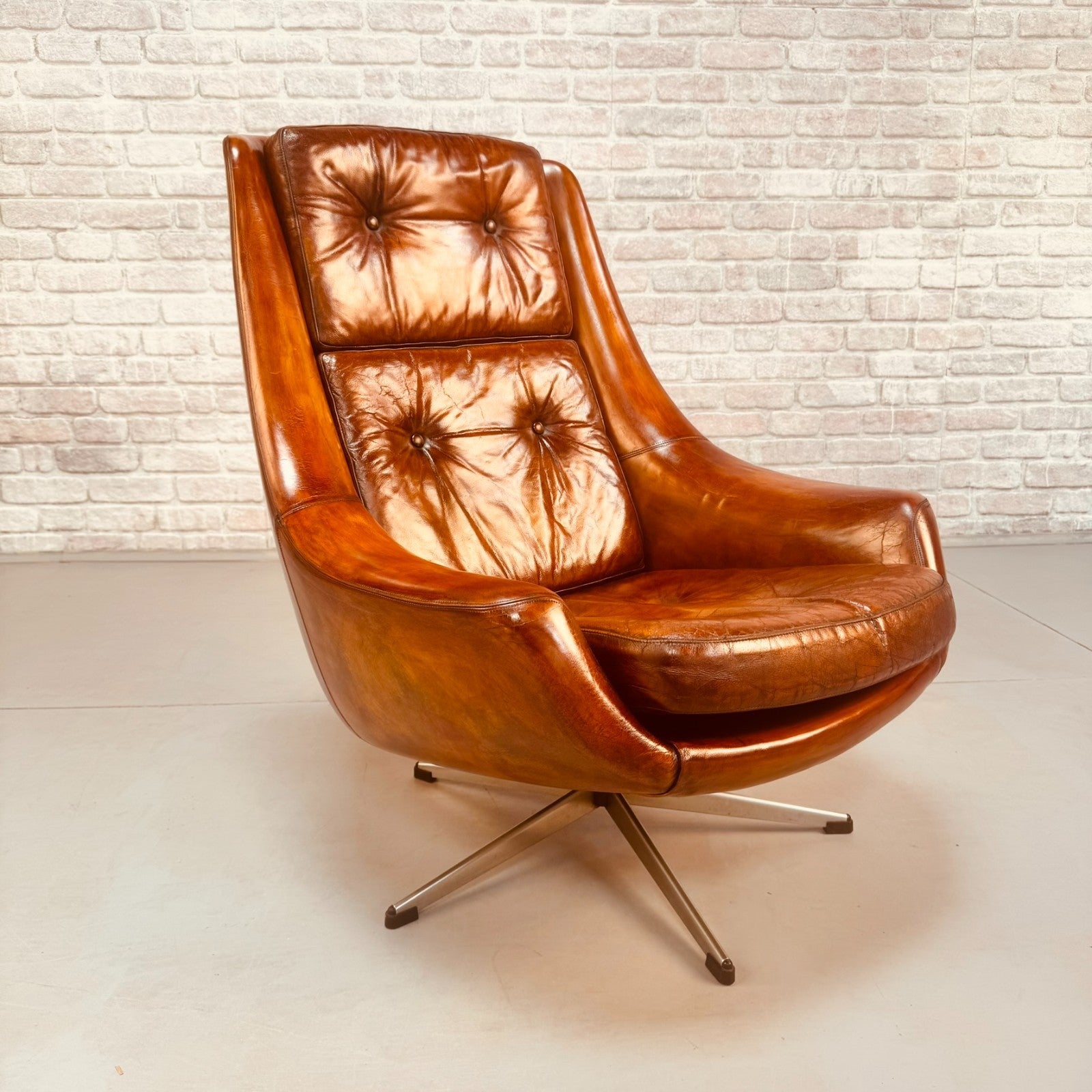 Vintage 1970s Danish Swivel Tan Leather Egg Chair Armchair