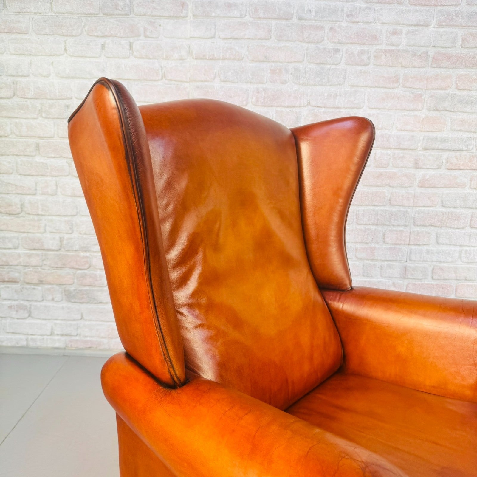 Vintage Danish Wingback Chair Tan Leather | Scandinavian Lounge Armchair