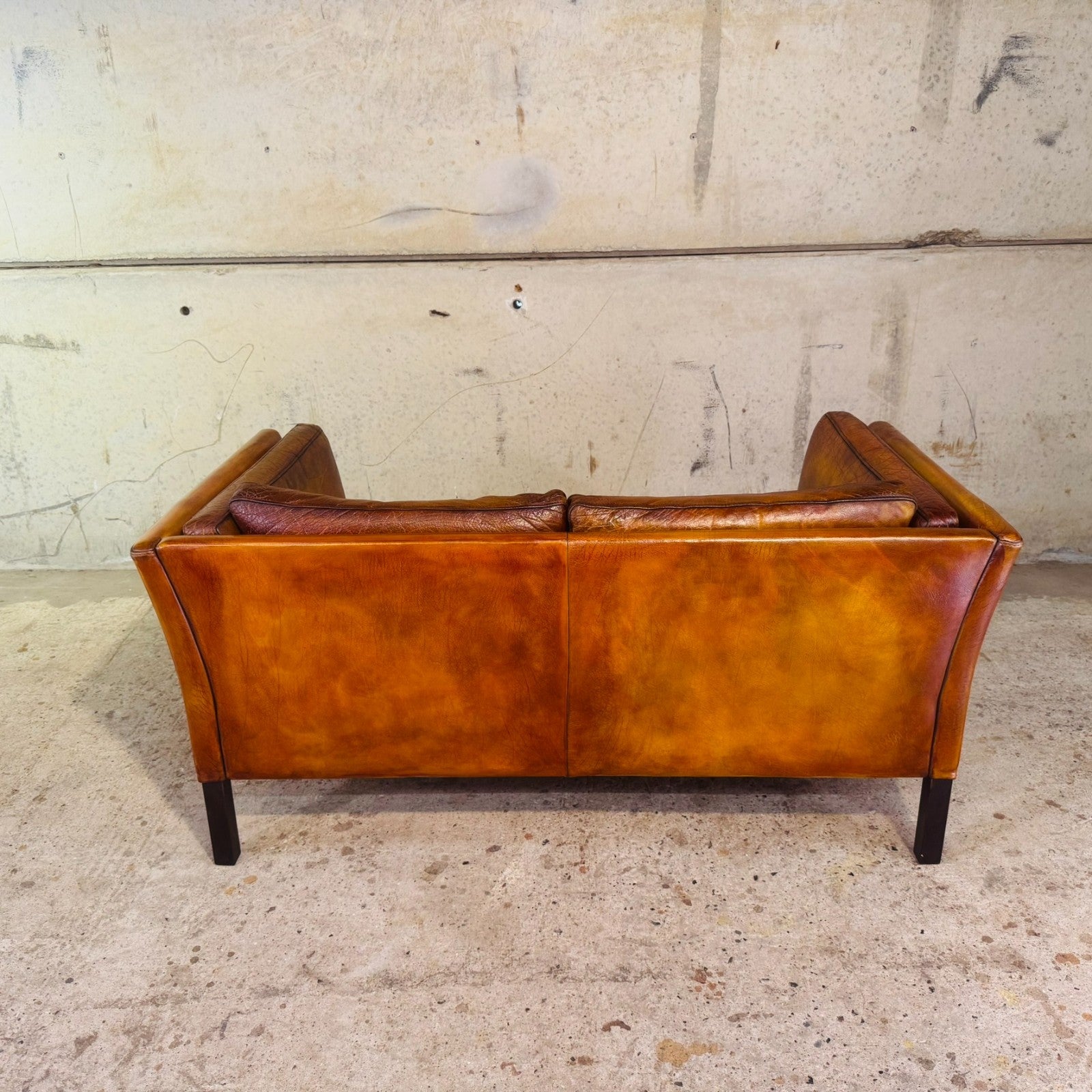 Vintage 1970s Danish Tan Leather Two-Seater Sofa