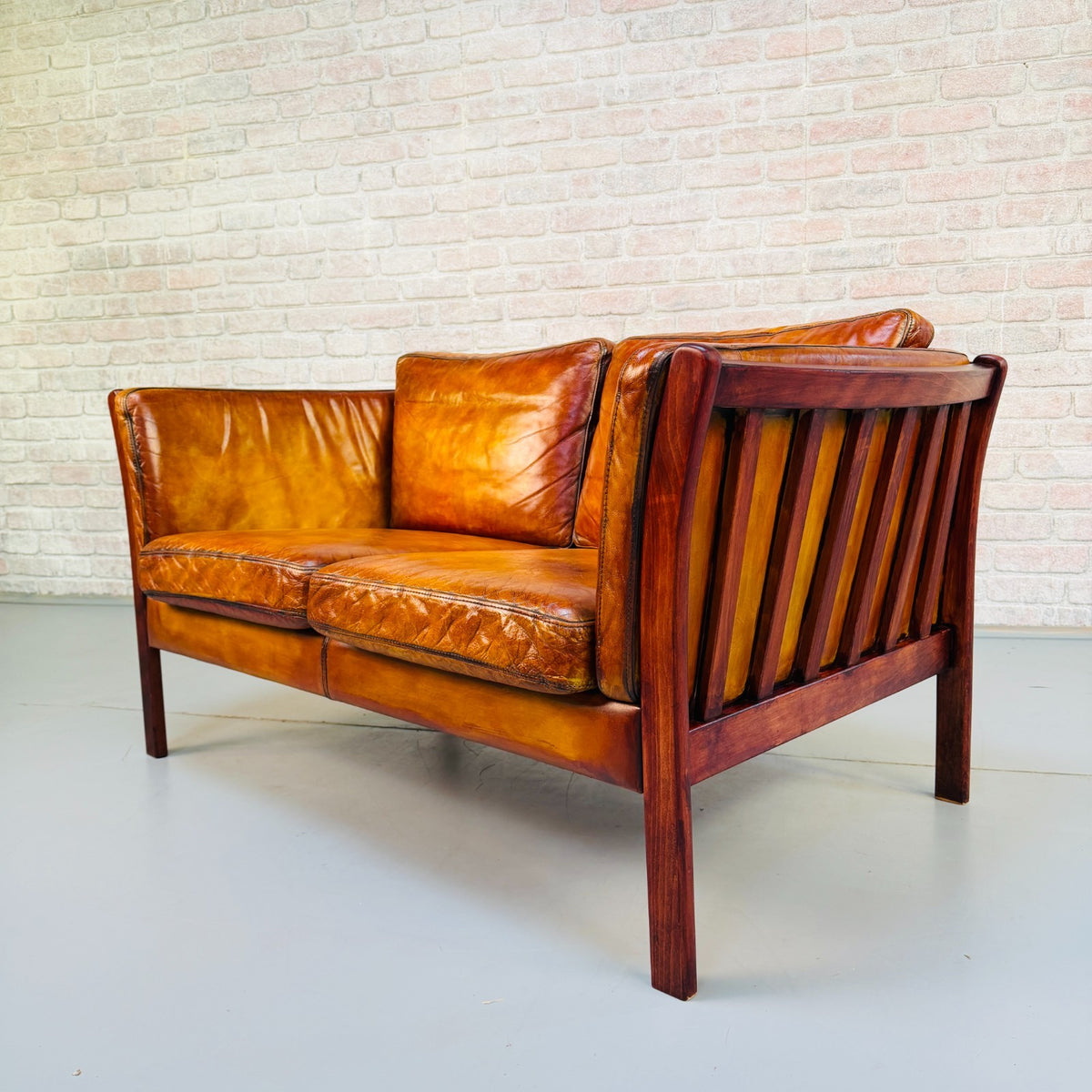 Vintage Danish Tan Leather 2 Seater Sofa – Hand Dyed Beautiful Patina