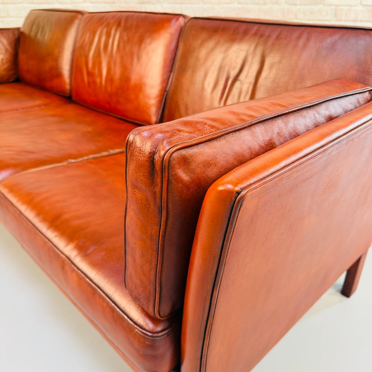 1970s Vintage Danish Tan Cognac Leather 3 Seater Sofa – Hand Dyed Patina