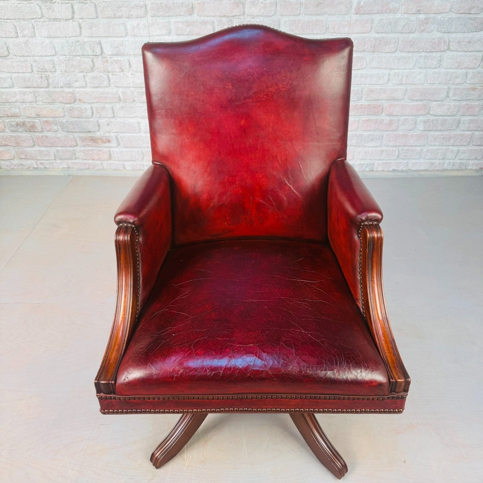 English Vintage Deep Red Leather Swivel Office Desk Chair