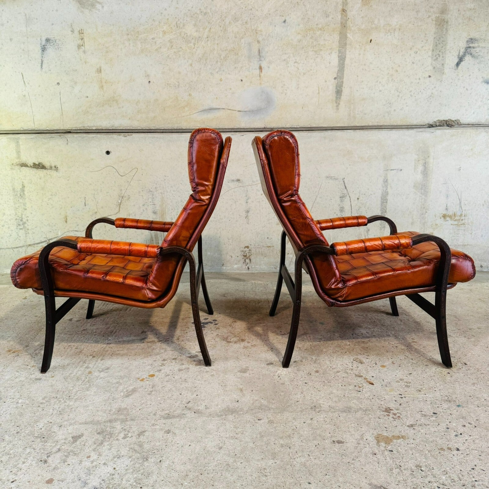 Pair of 1970s Danish Vintage Patchwork Tan Leather Bentwood Chairs