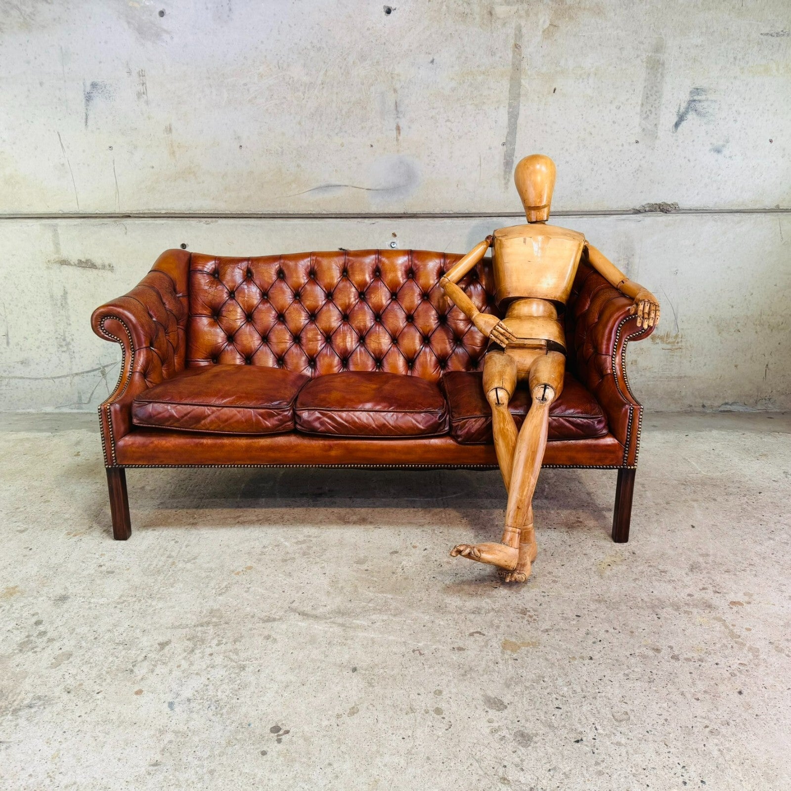Mid-Century English Gainsborough Cognac Leather Chesterfield Three-Seater Sofa