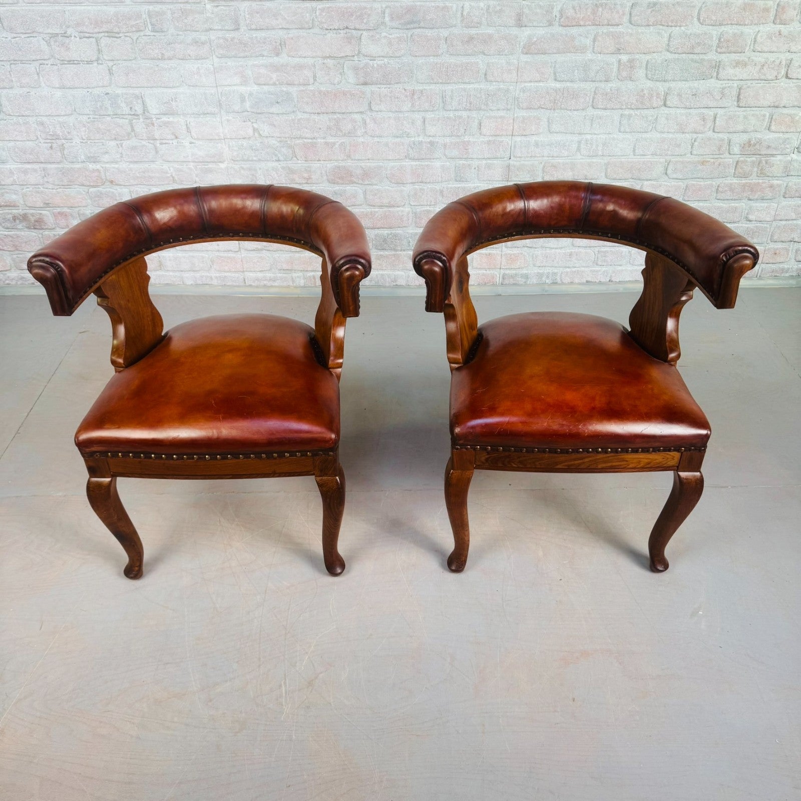 Pair of 40s Antique Danish Tan Leather Partner’s Desk Chairs Walnut Frame