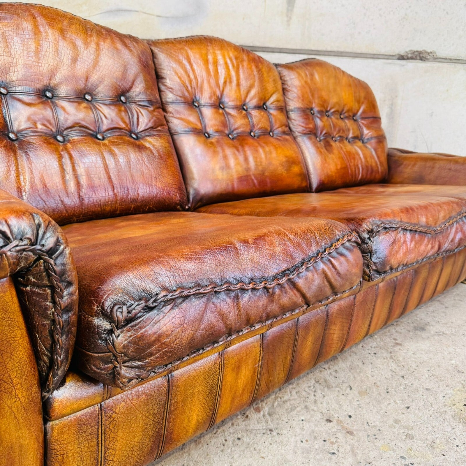 1970s Danish Rustic Tan Leather Three-Seater Sofa – Full Grain Buffalo