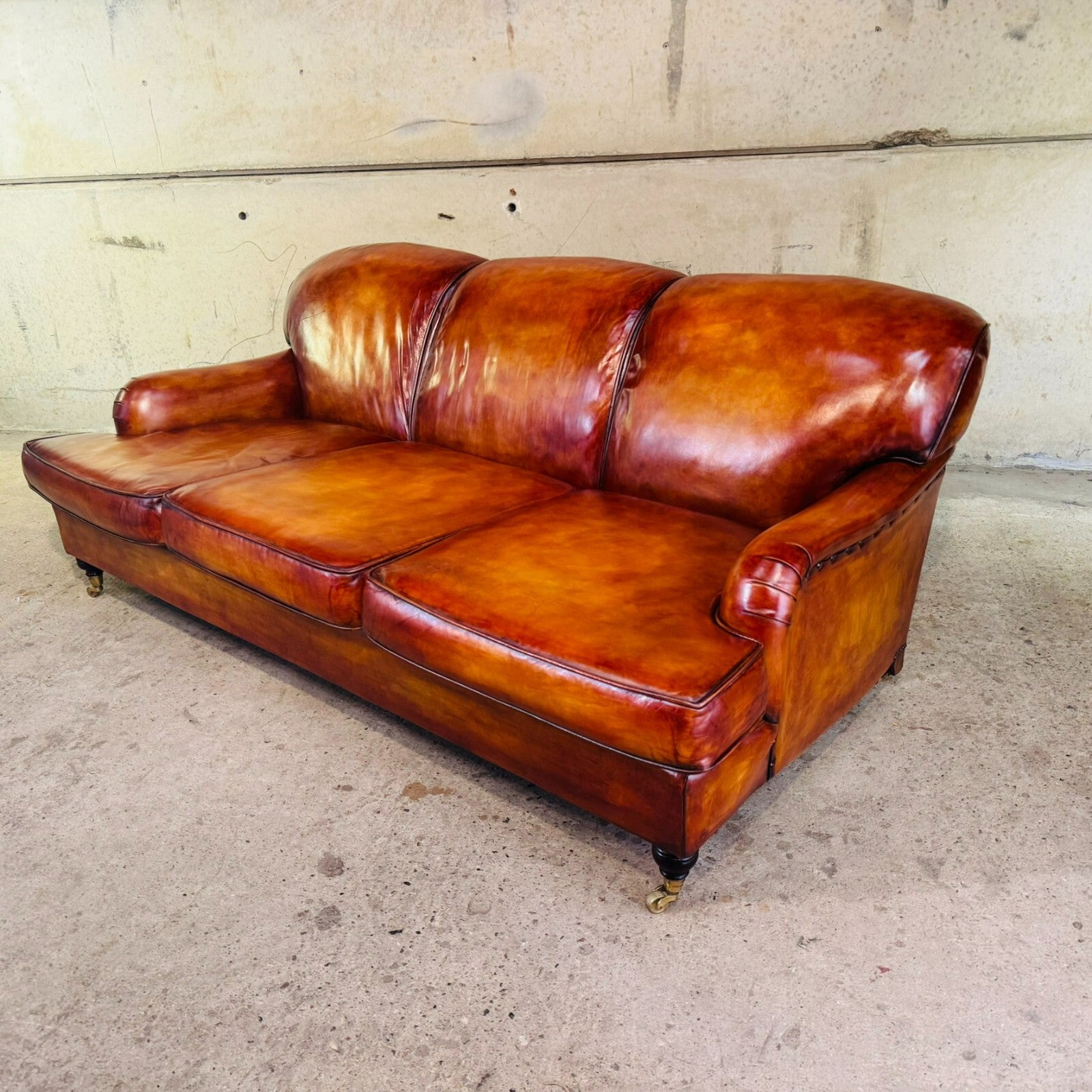 Vintage English Howard & Sons Bridgewater-Style 3-Seater Tan Leather Sofa