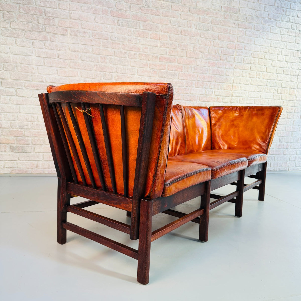 1970s Vintage Danish Hand Dyed Cognac Leather 3 Seater Sofa