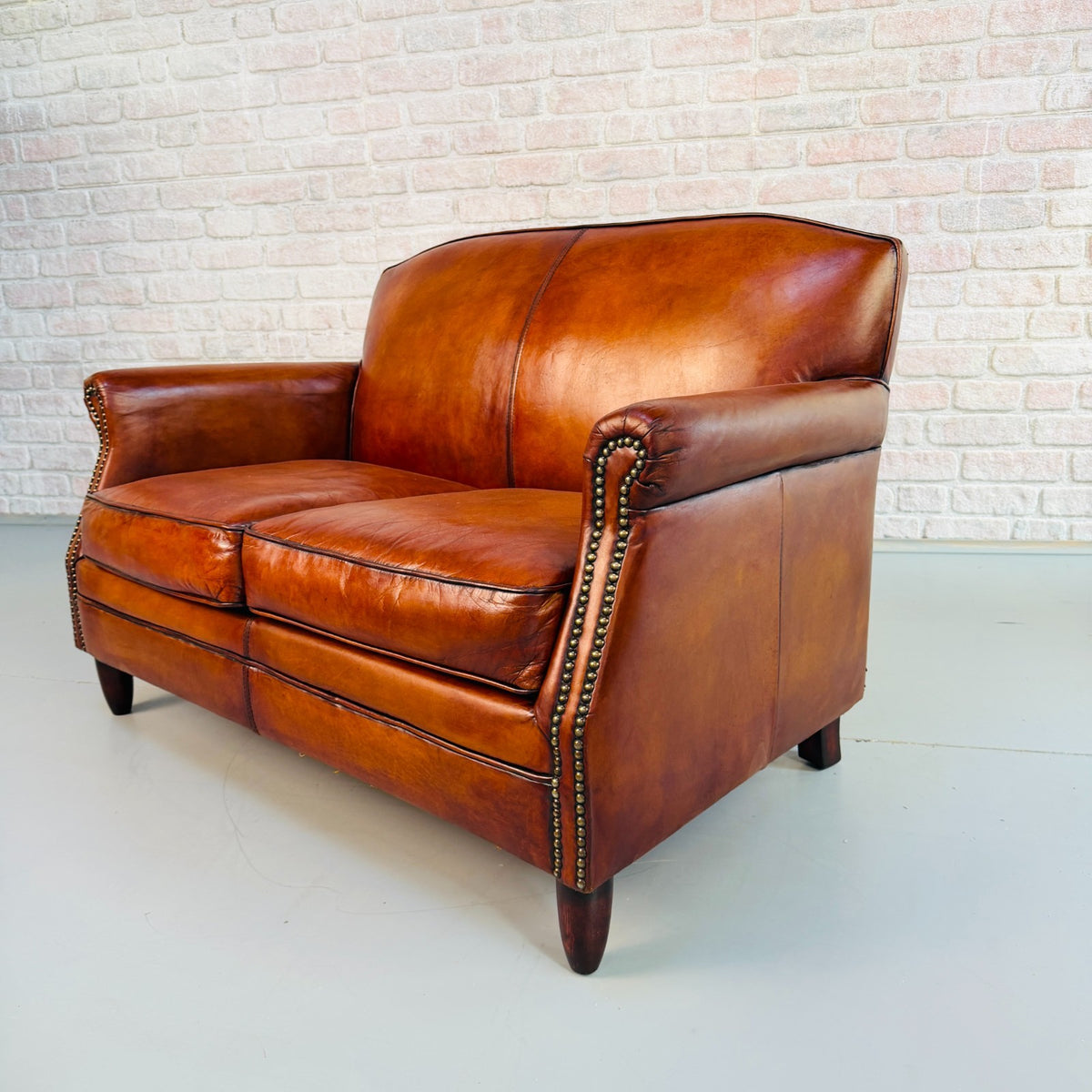 Vintage English Club Hand Dyed Cognac Tan Leather 2 Seater Sofa