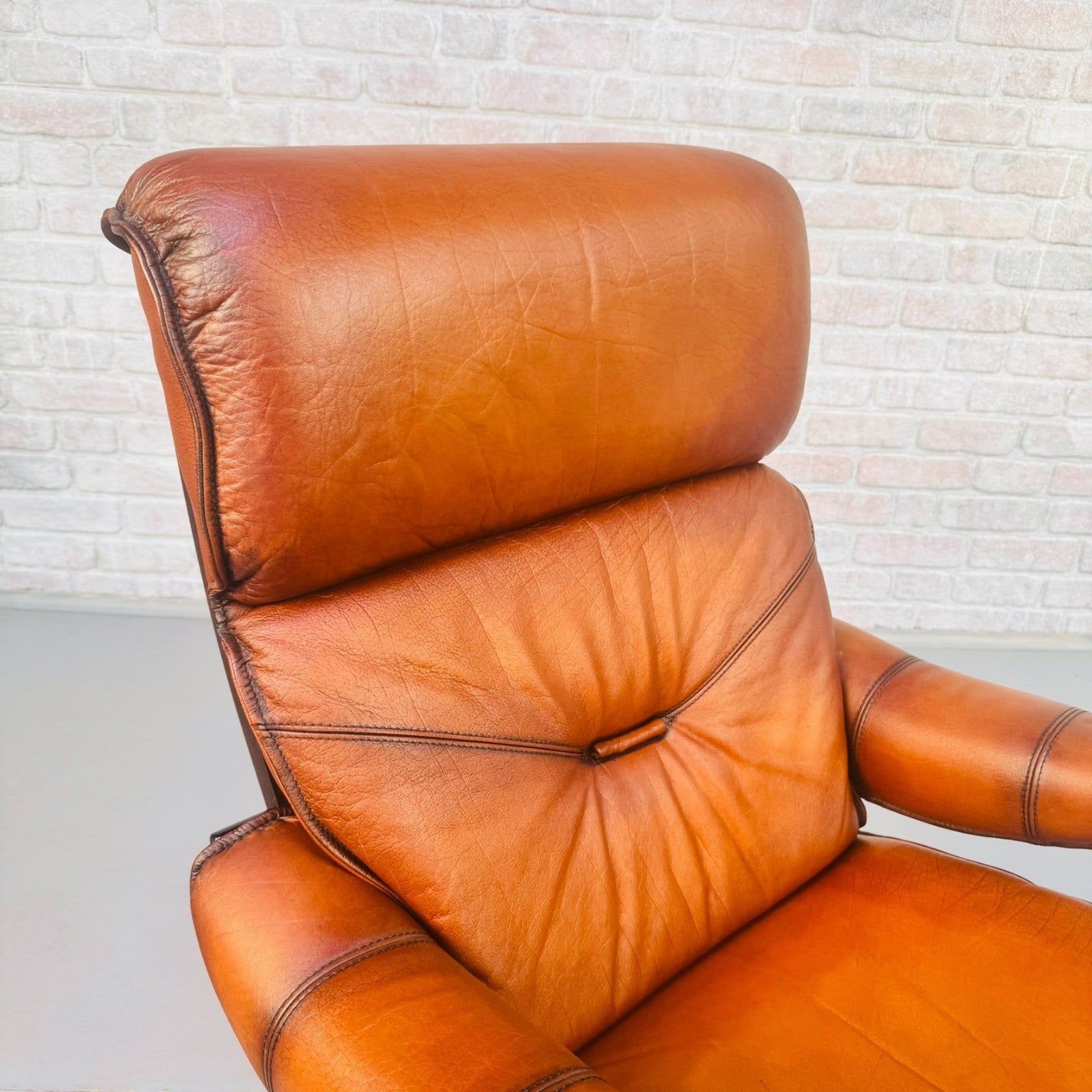 Vintage Danish High Back Armchair | Hand Dyed Tan Buffalo Leather | Beech Frame
