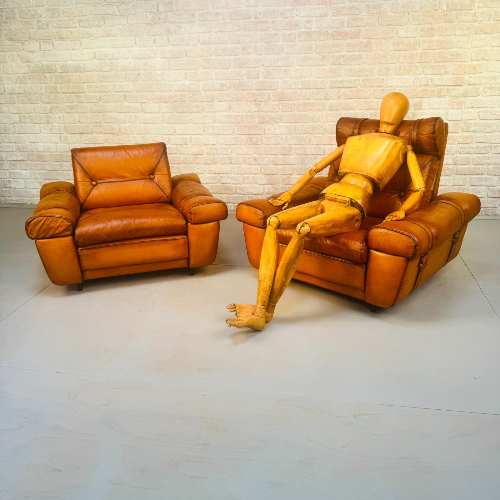 Pair Vintage Skippers Danish His & Hers Light Tan Leather Armchairs