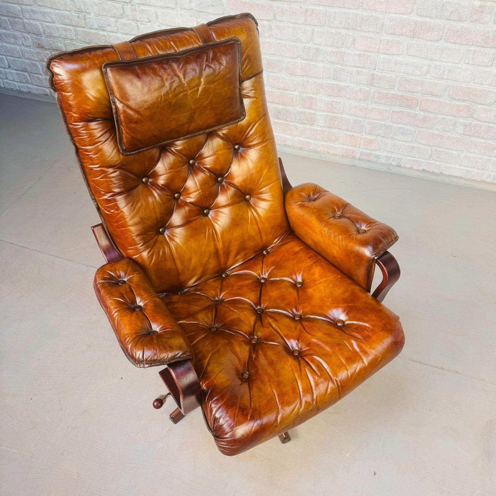 Vintage Scandinavian Tan Leather Swivel Chair