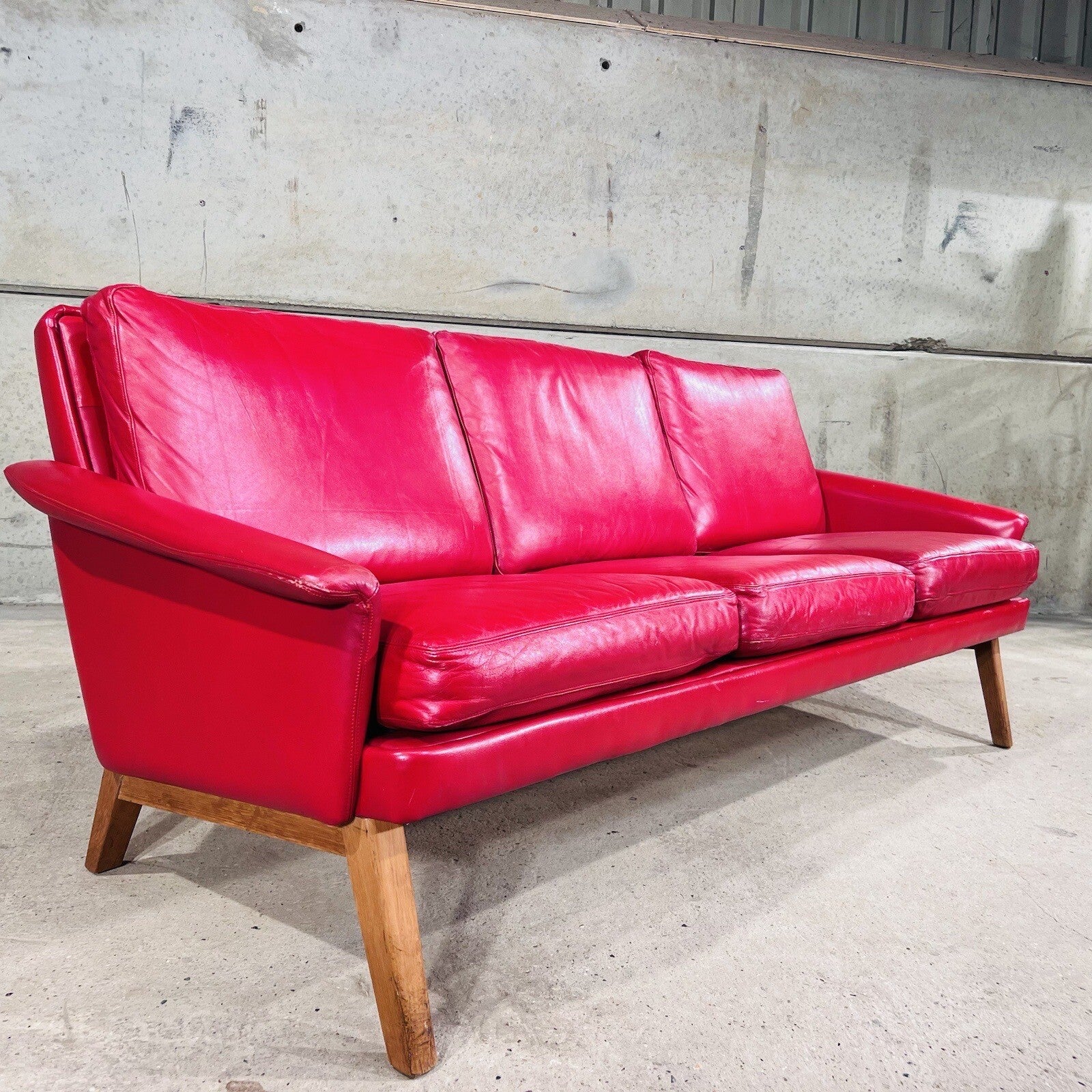 Stylish Danish 1970 Vibrant Red Three seater Leather Sofa