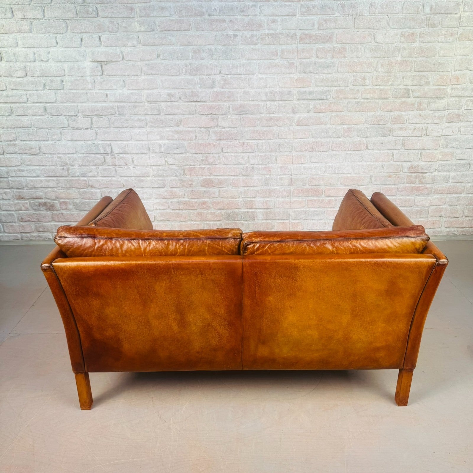 Vintage Stouby Tan Two-Seater Sofa Danish Buffalo Leather Feather Cushions