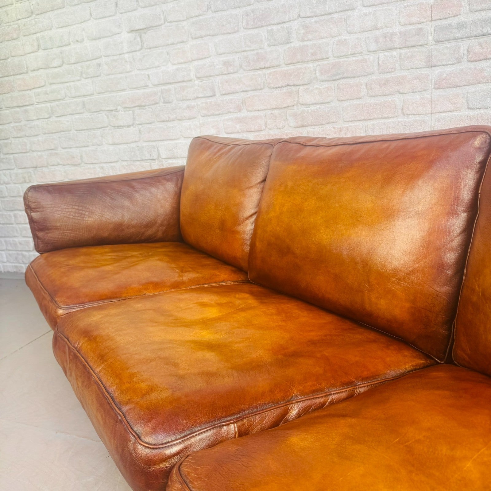 Vintage Long 70s Danish Mogens Hansen Tan Leather 3 Seater Sofa Feather Cushions