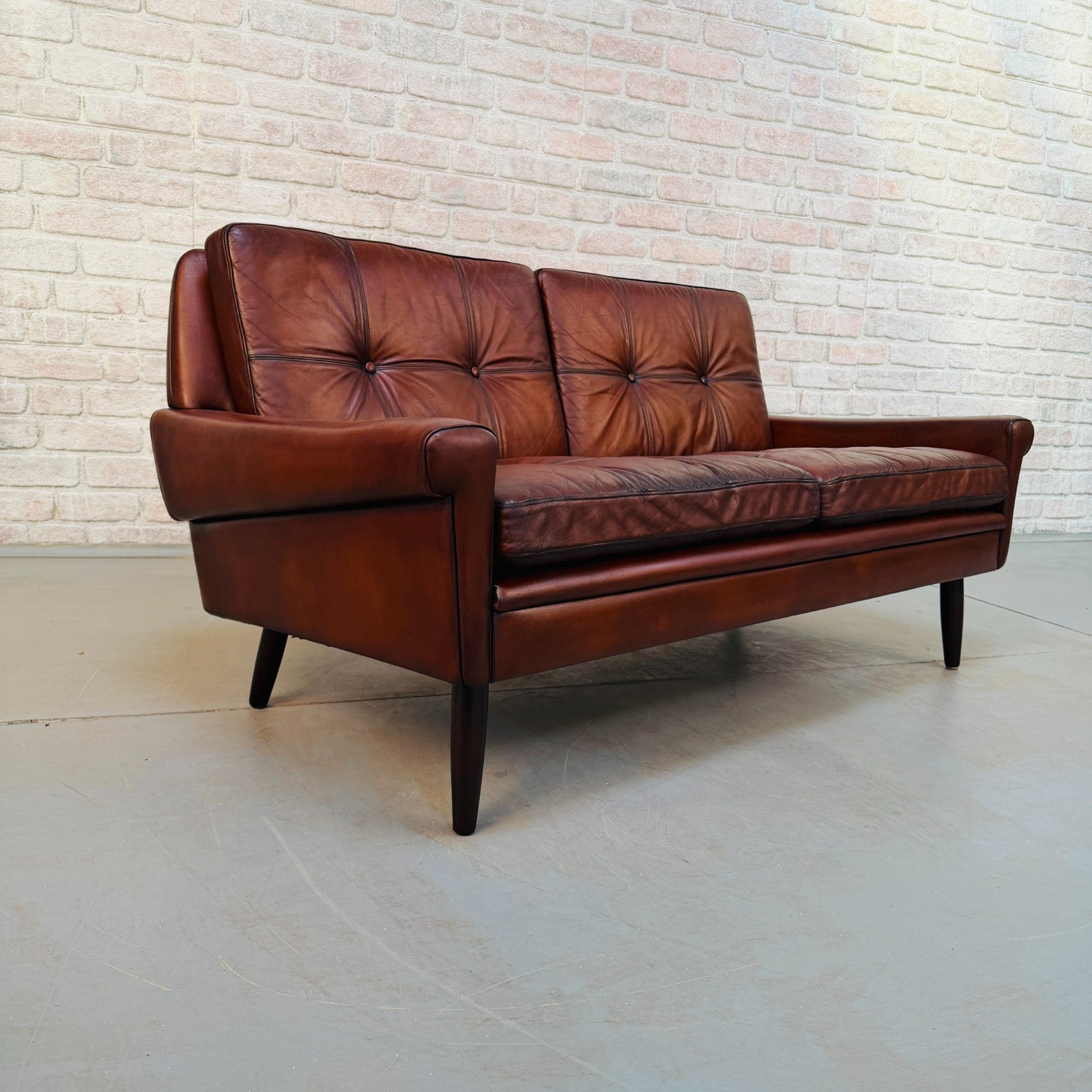 Vintage 1970s Svend Skipper Brown Leather Two-Seater Sofa