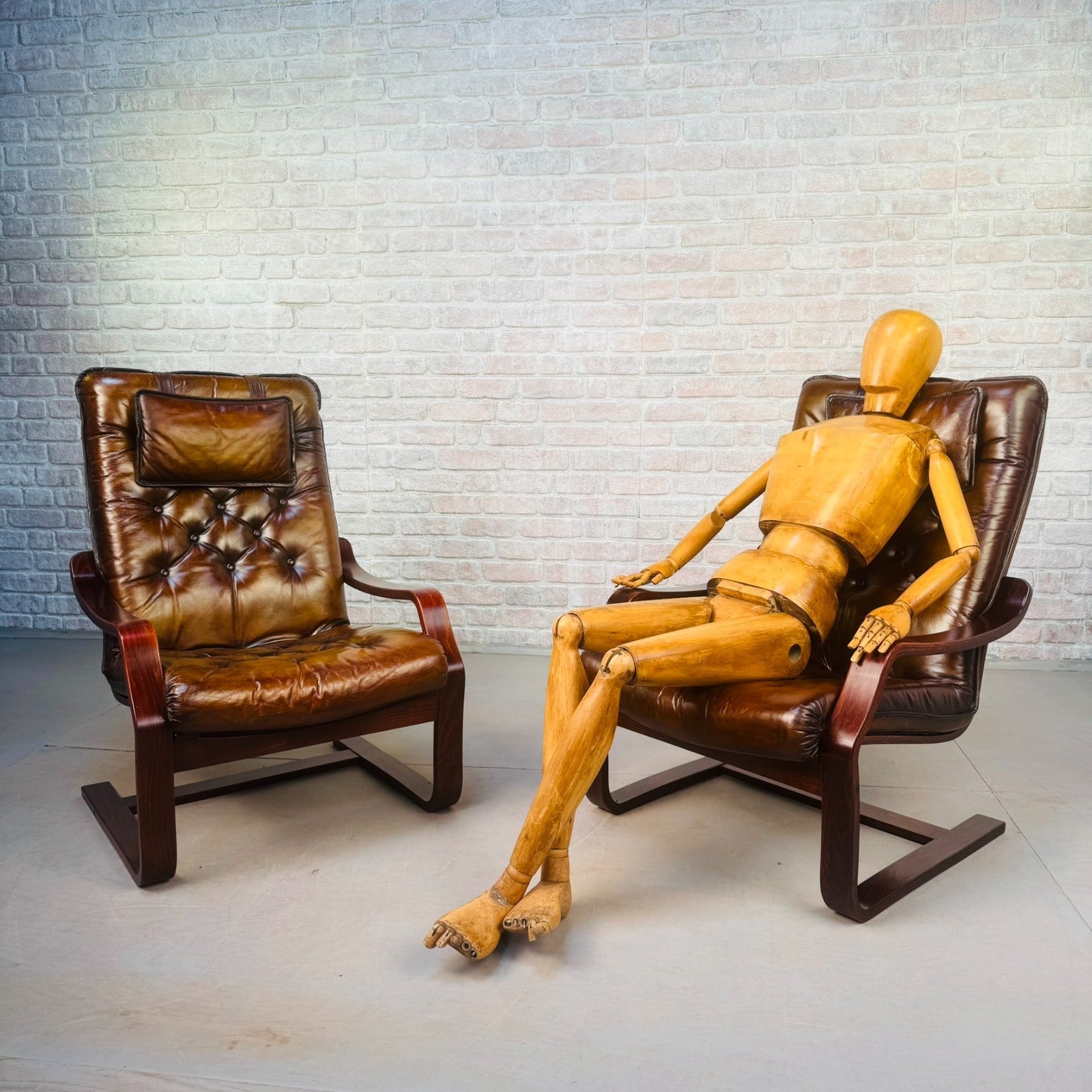 Pair of Vintage Scandinavian Tan Leather Bentwood Armchairs