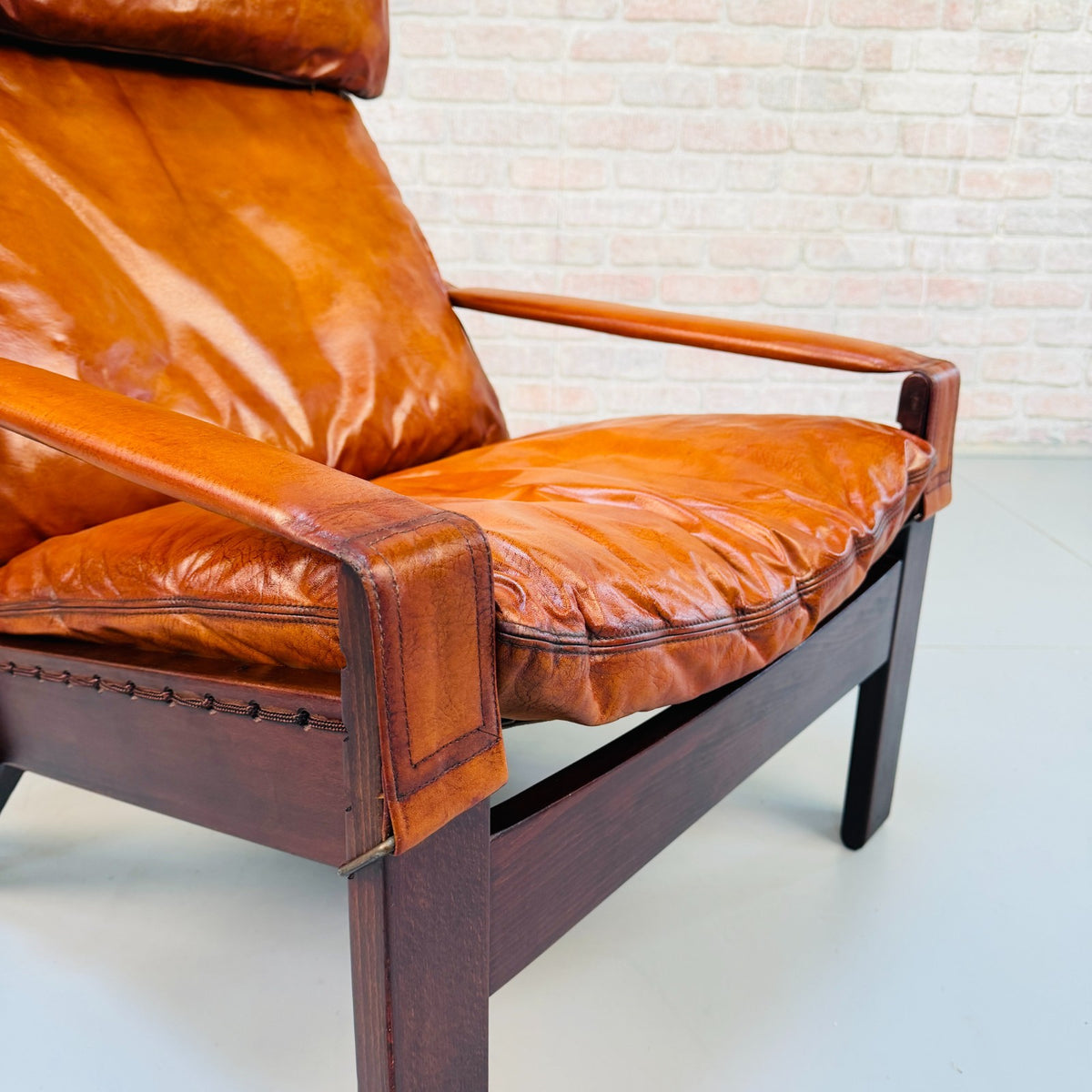Vintage 1960s Danish Tan Leather Reclining High Back Armchair & Footstool