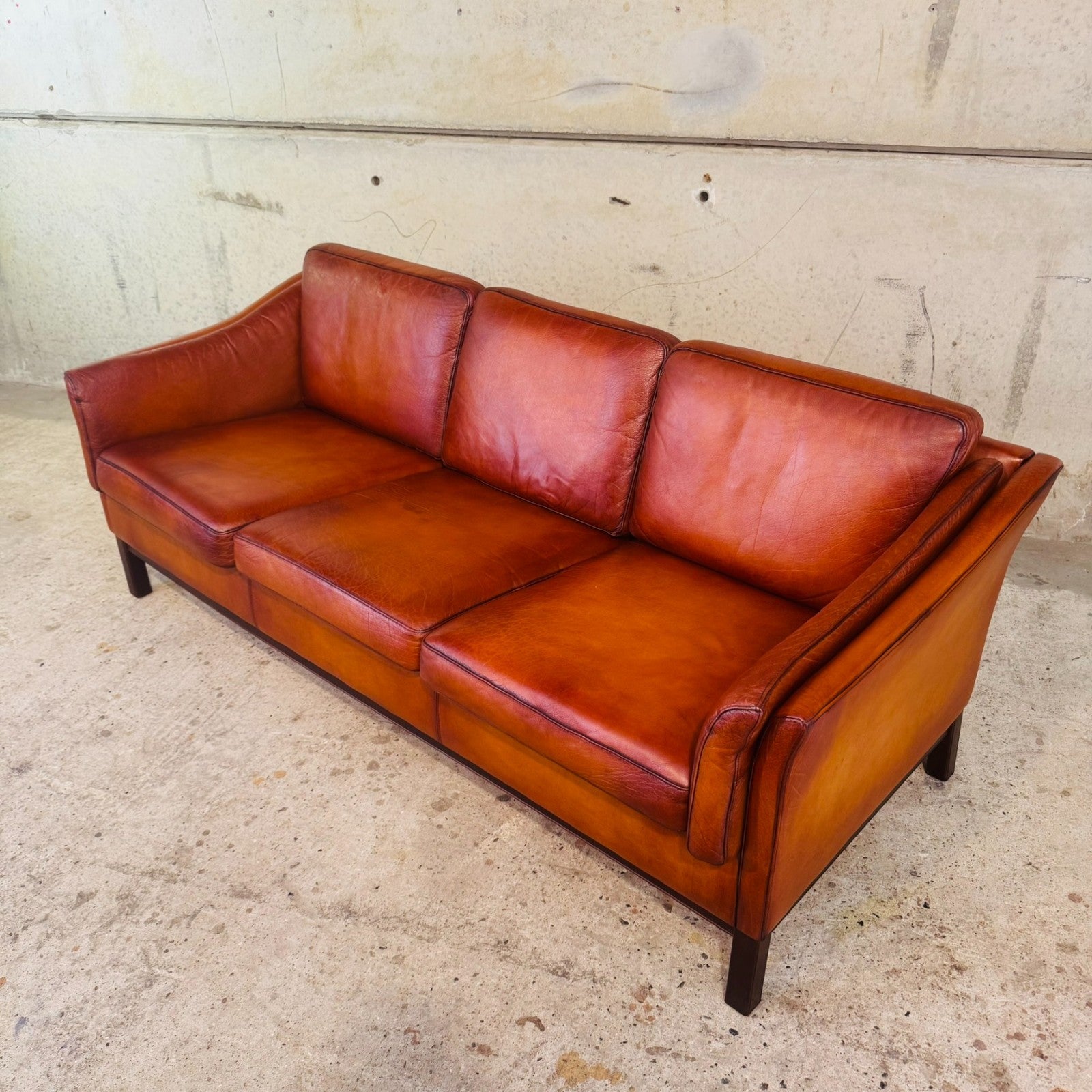 1970s Danish Cognac Leather 3 Seater Sofa — Curved Arms & Beech Plinth
