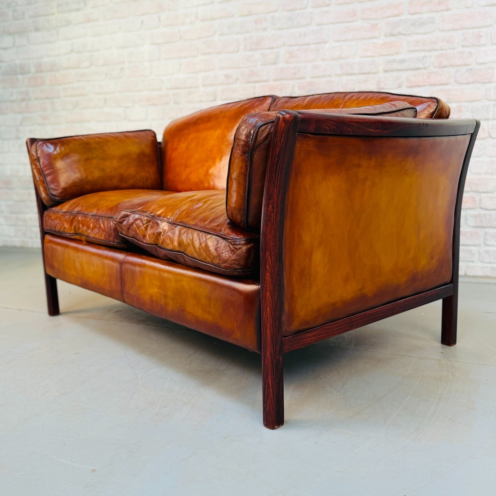Vintage Danish Stouby Tan Hand-Dyed Leather Two Seater Sofa