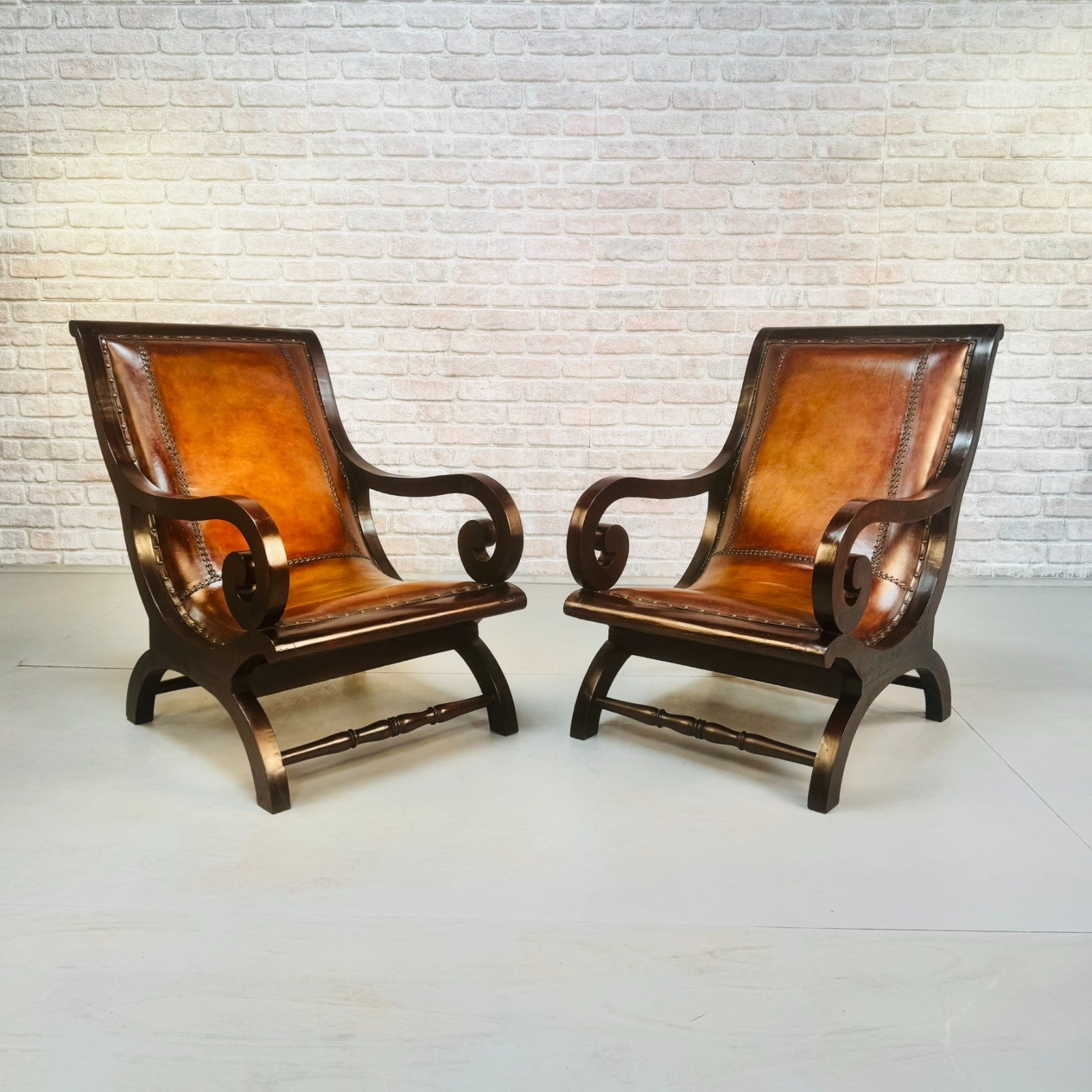 Vintage Danish Pair of Tan Leather Slipper Lounge Armchairs Mahogany Frame 1970s