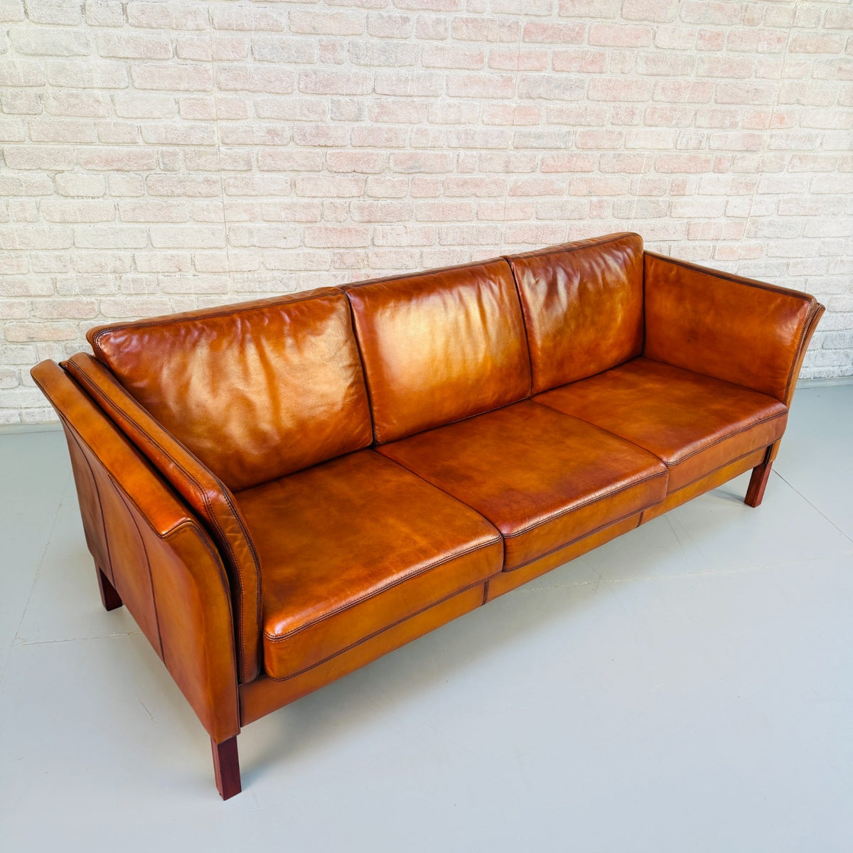 Vintage Danish Tan Leather 3 Seater Sofa – Hand Dyed Beautiful Patina