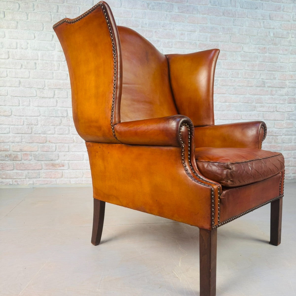 Vintage George III Style English Tan Leather Wingback Chair c.1940