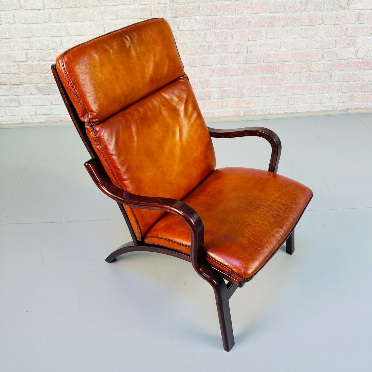 Vintage Danish Stouby Cognac Tan Leather Lounge Armchair Bentwood Beech Frame