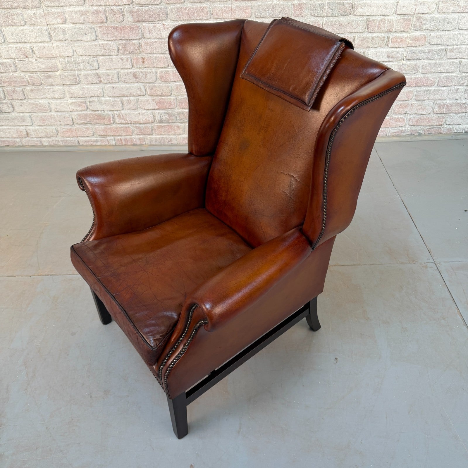Vintage Danish Dark Tan Hand-Dyed Leather Wingback Chair & Matching Footstool