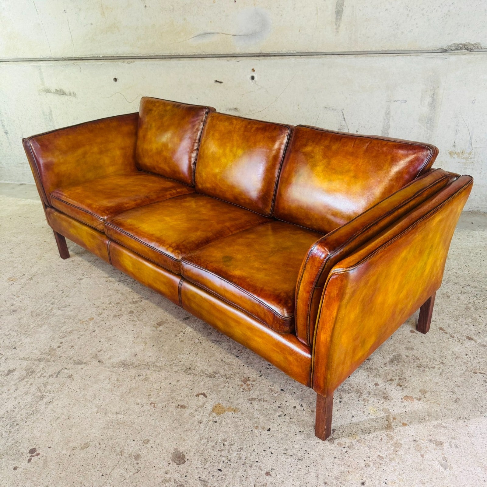 Vintage Danish Light Tan Leather Three-Seater Sofa