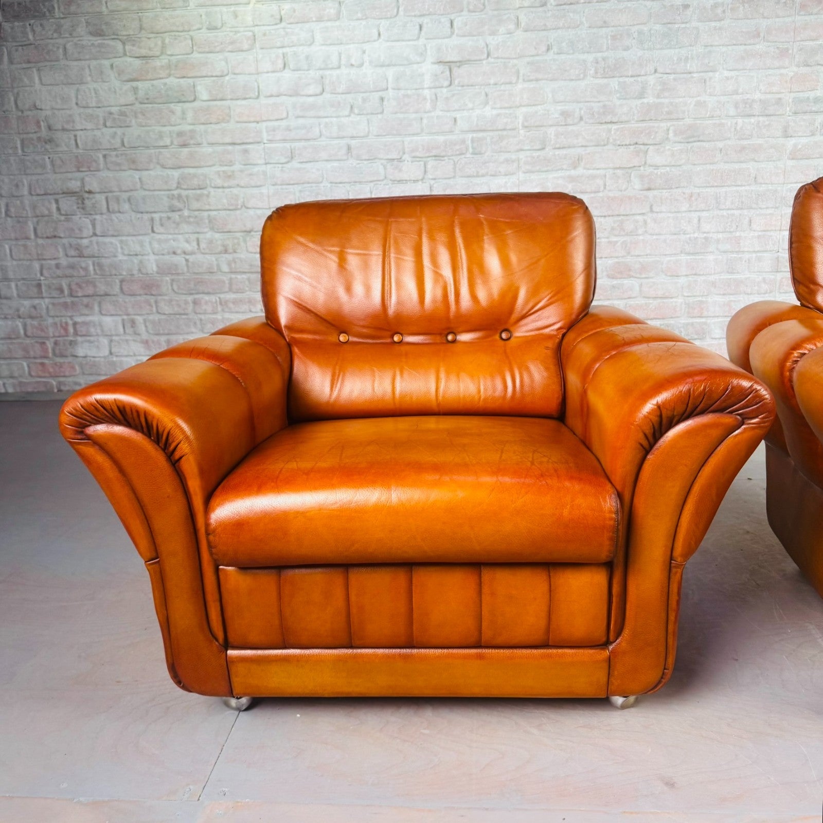 Pair of Vintage Danish Cognac Leather Armchairs – Hand-Dyed Patina