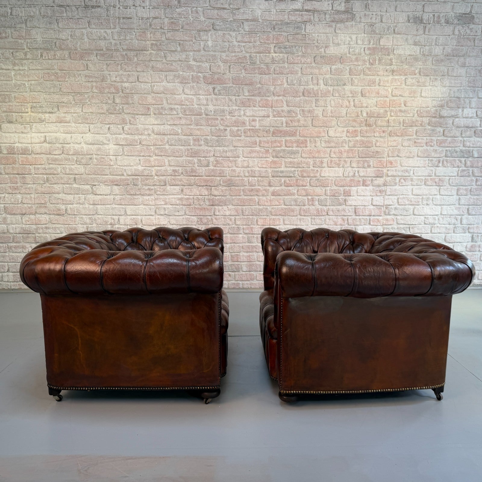 Vintage Pair of Chesterfield Dark Tan Leather Lounge Chairs – Circa 1950