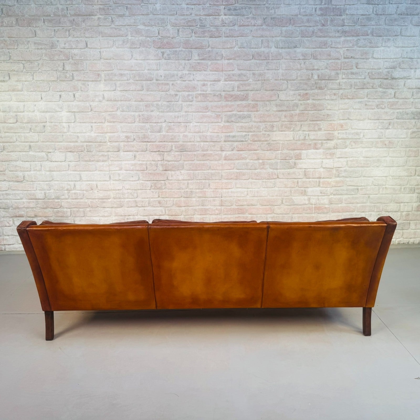 1960s Swedish Patinated Tan Leather 3-Seater Sofa – Dark Walnut Legs