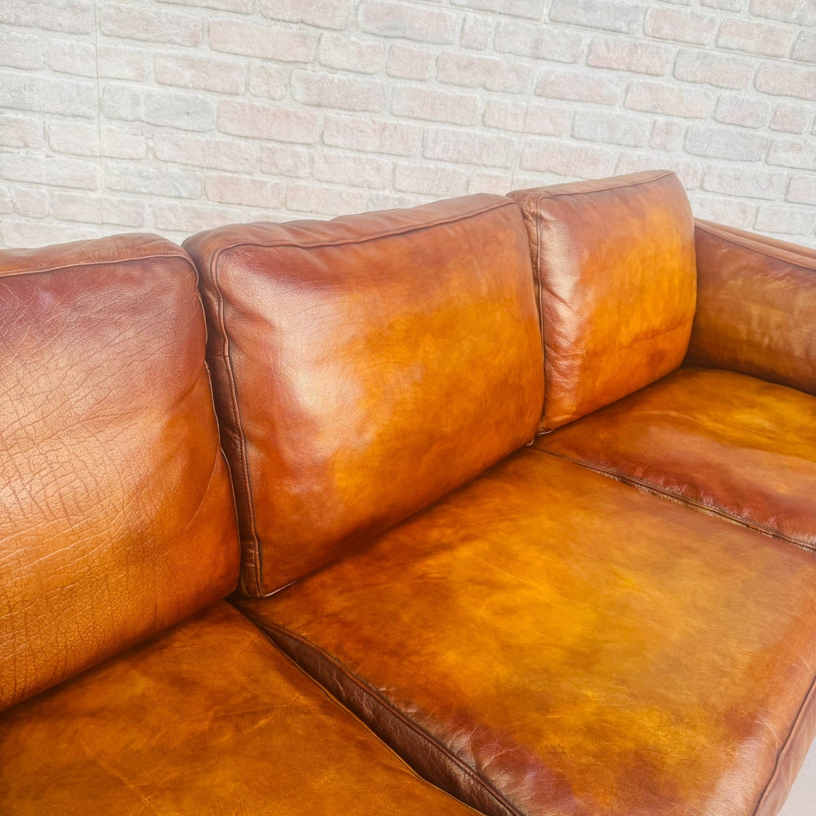 Vintage Long 70s Danish Mogens Hansen Tan Leather 3 Seater Sofa Feather Cushions
