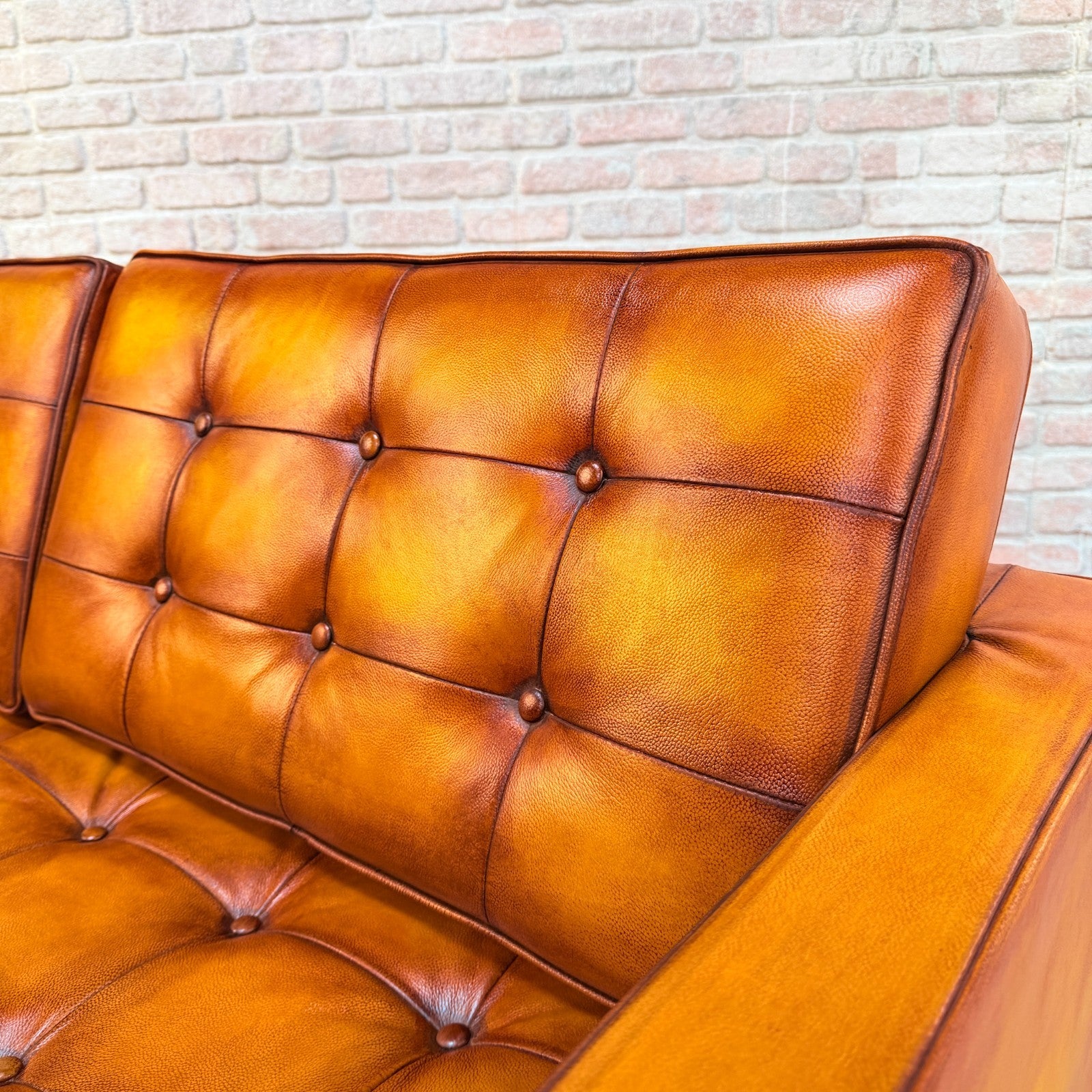 Vintage Florence Knoll Style Tan Leather Two Seater Sofa