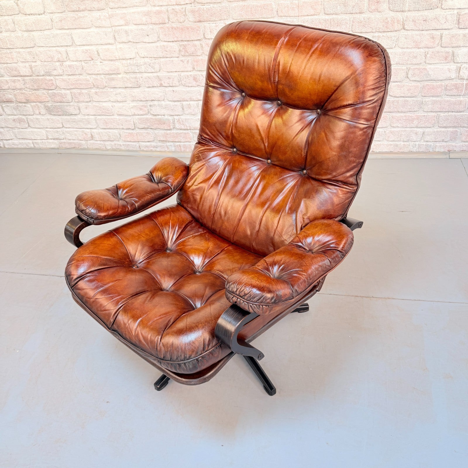 Vintage Danish Tan Leather Swivel Chair Hand Dyed Cognac Patina Lounge Chair