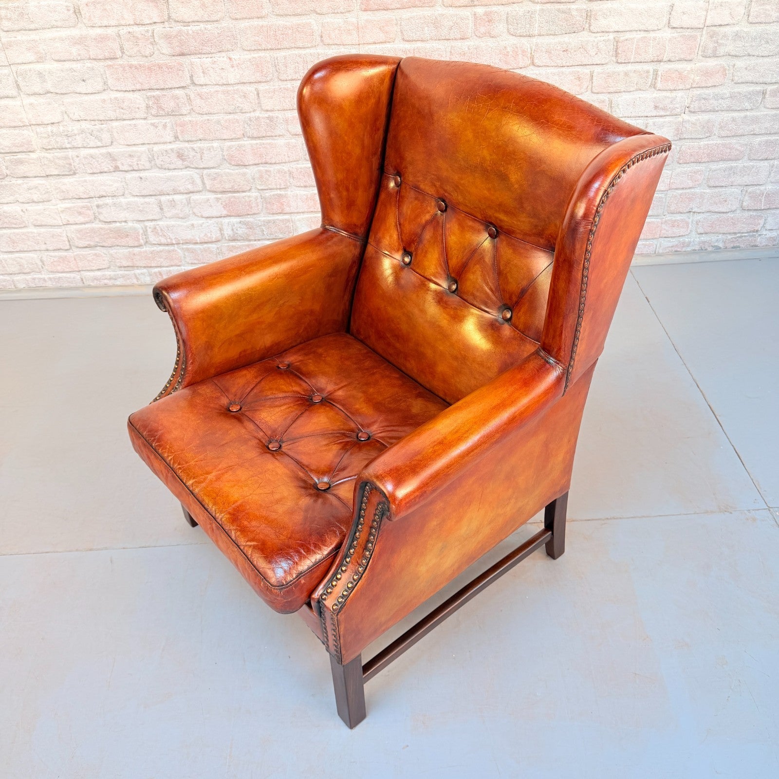 Vintage Danish Cognac Leather Wingback Armchair Hand Dyed Patina Chair
