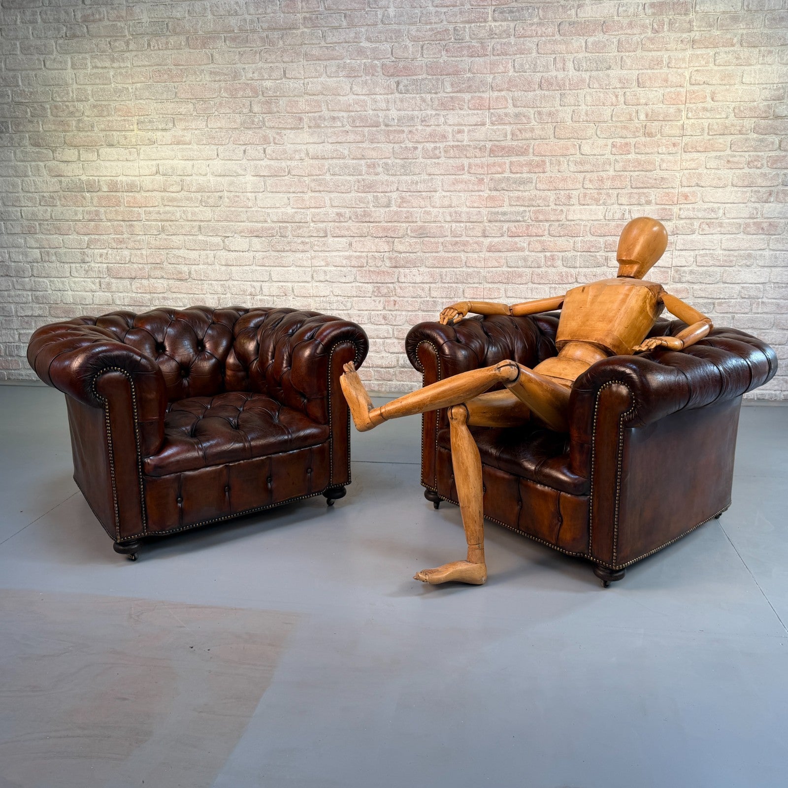Vintage Pair of Chesterfield Dark Tan Leather Lounge Chairs – Circa 1950